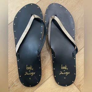 Beek Seabird Women's Size 11 US Black Platinum bronze Leather Flip Flops Sandals
